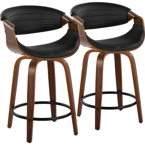 Symphony 24" Swivel Counter Stool in Walnut Wood & Black Leatherette with Black Footrest (Set of 2)